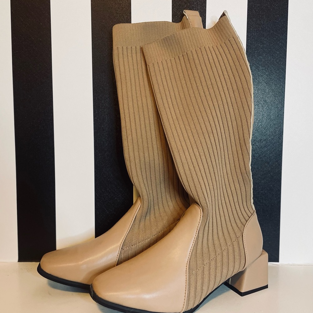 Chic Tan Ribbed Knee-High Boots